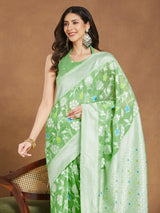 Women's Light Green Silk Blend Floral Woven Design Jacquard Saree with Blouse Piece