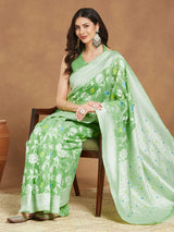 Women's Light Green Silk Blend Floral Woven Design Jacquard Saree with Blouse Piece