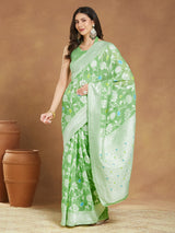 Women's Light Green Silk Blend Floral Woven Design Jacquard Saree with Blouse Piece