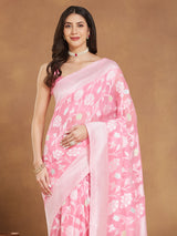 Women's Light Pink Silk Blend Floral Woven Design Jacquard Saree with Blouse Piece