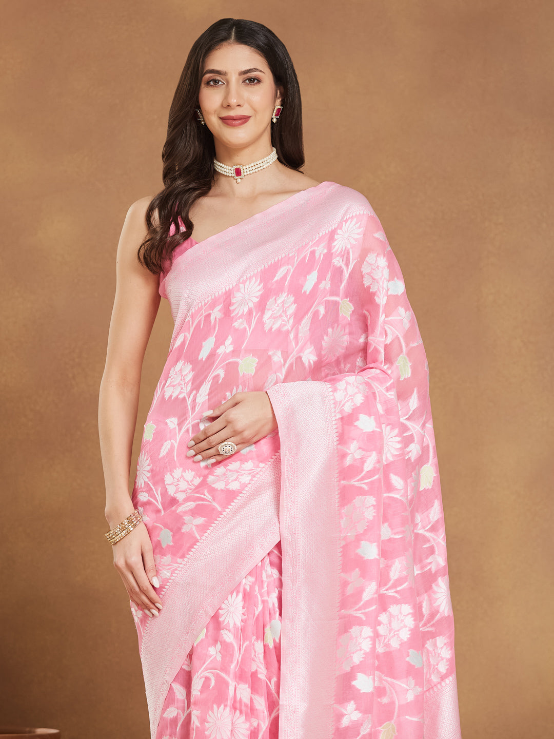 Women's Light Pink Silk Blend Floral Woven Design Jacquard Saree with Blouse Piece