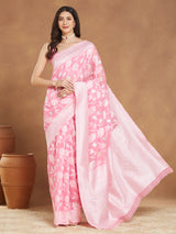 Women's Light Pink Silk Blend Floral Woven Design Jacquard Saree with Blouse Piece
