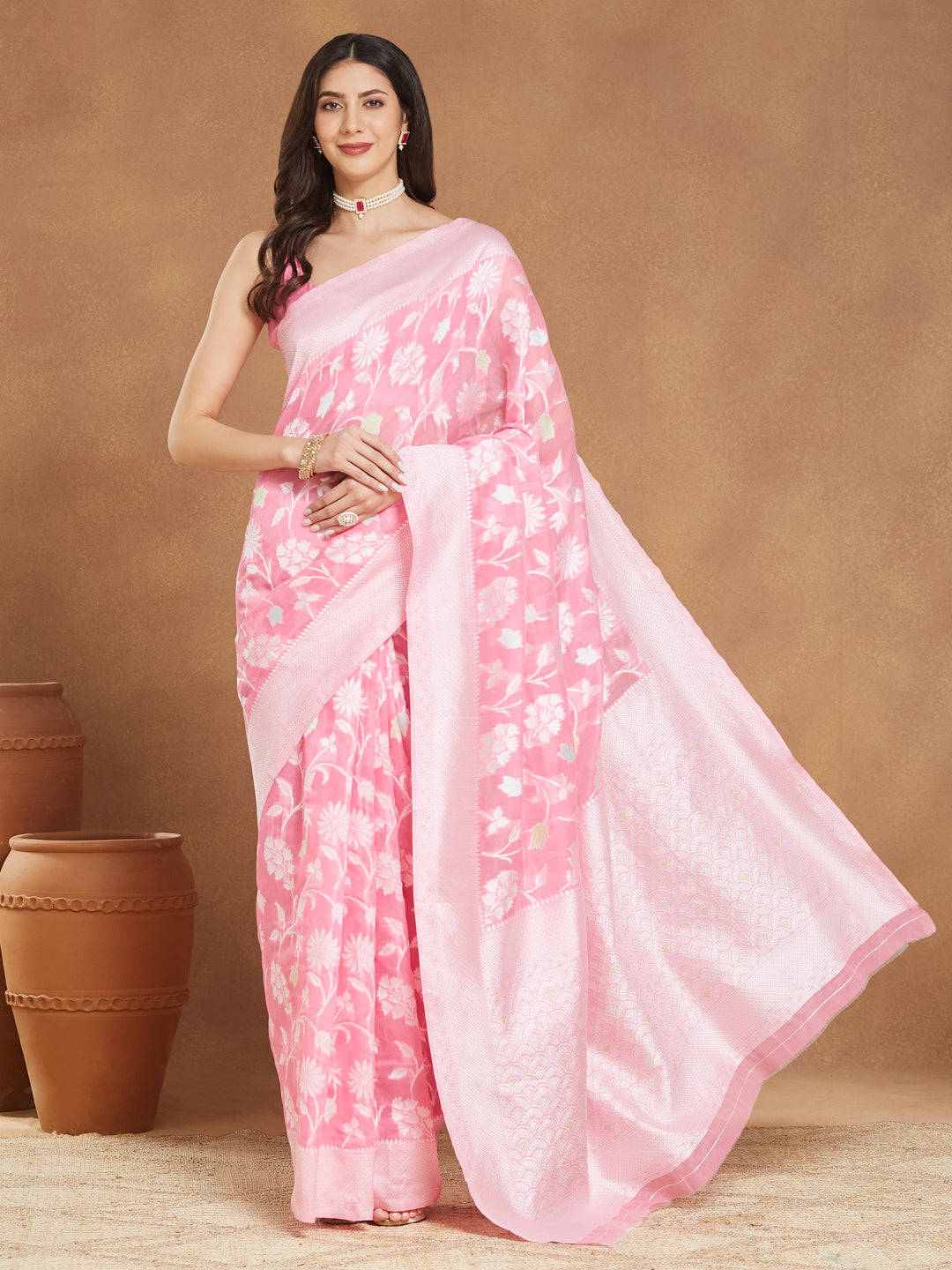 Women's Light Pink Silk Blend Floral Woven Design Jacquard Saree with Blouse Piece