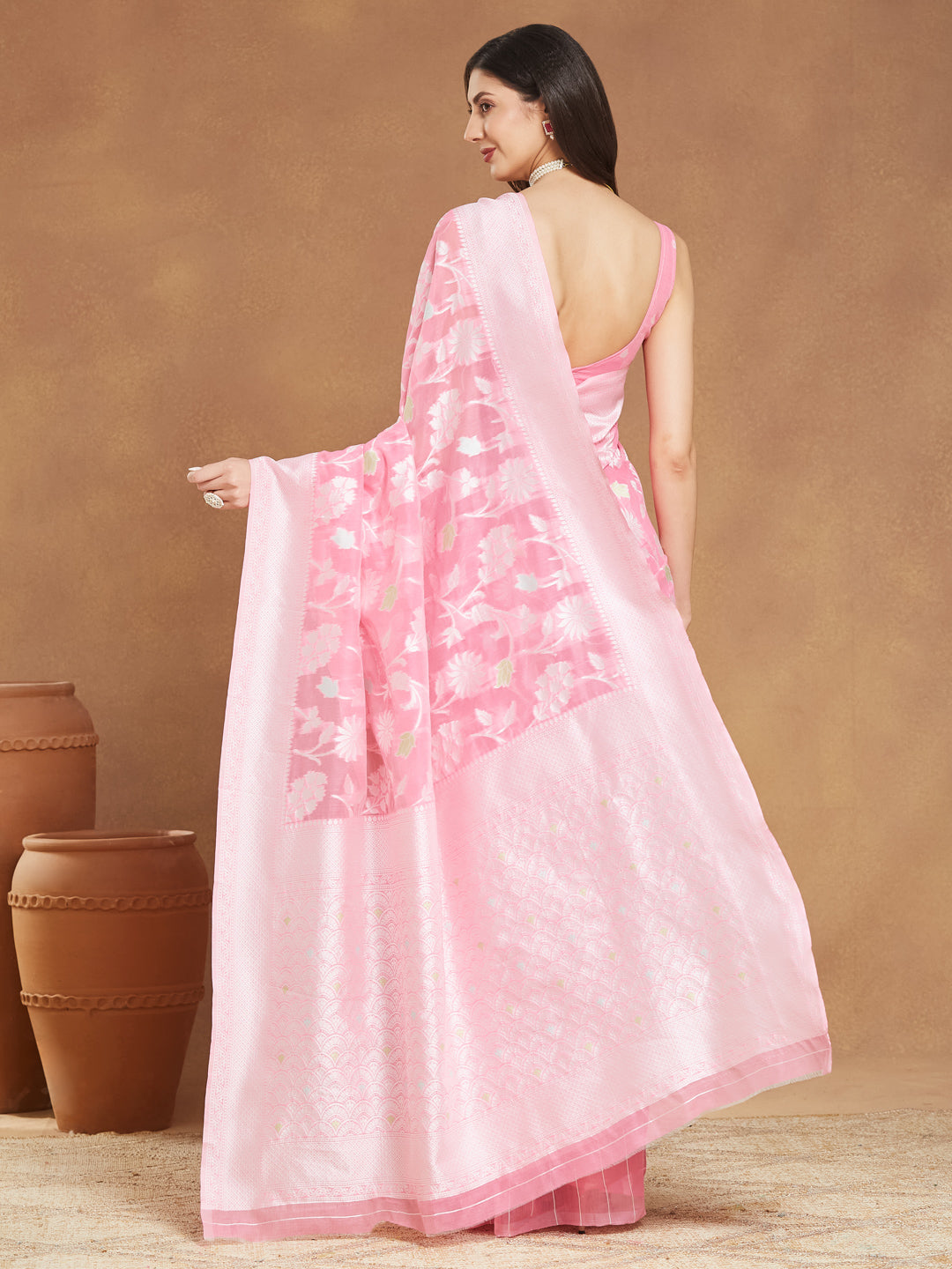 Women's Light Pink Silk Blend Floral Woven Design Jacquard Saree with Blouse Piece