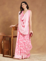 Women's Light Pink Silk Blend Floral Woven Design Jacquard Saree with Blouse Piece