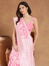 Women's Light Pink Silk Blend Floral Woven Design Jacquard Saree with Blouse Piece
