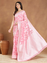 Women's Light Pink Silk Blend Floral Woven Design Jacquard Saree with Blouse Piece