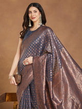 Women's Dark Grey Silk Blend Floral Woven Design Jacquard Saree with Blouse Piece