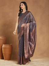 Women's Dark Grey Silk Blend Floral Woven Design Jacquard Saree with Blouse Piece