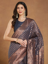 Women's Dark Grey Silk Blend Floral Woven Design Jacquard Saree with Blouse Piece