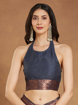 Women's Dark Grey Silk Blend Floral Woven Design Jacquard Saree with Blouse Piece