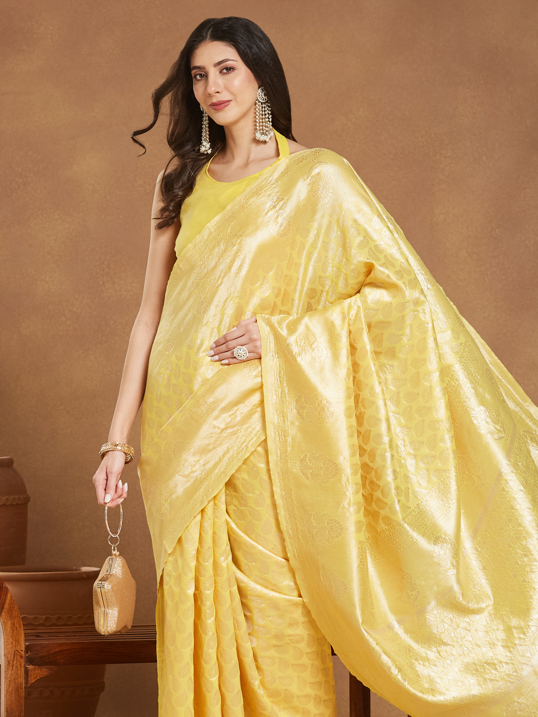 Women's Yellow Silk Blend Leaf Motifs Woven Design Jacquard Saree with Blouse Piece