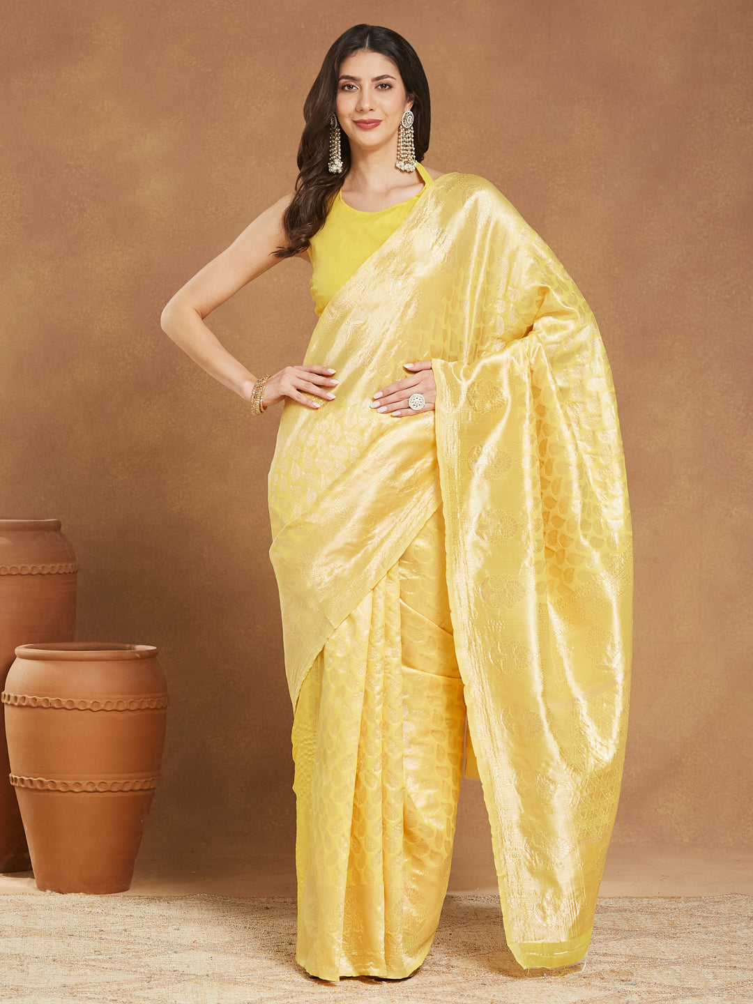 Women's Yellow Silk Blend Leaf Motifs Woven Design Jacquard Saree with Blouse Piece