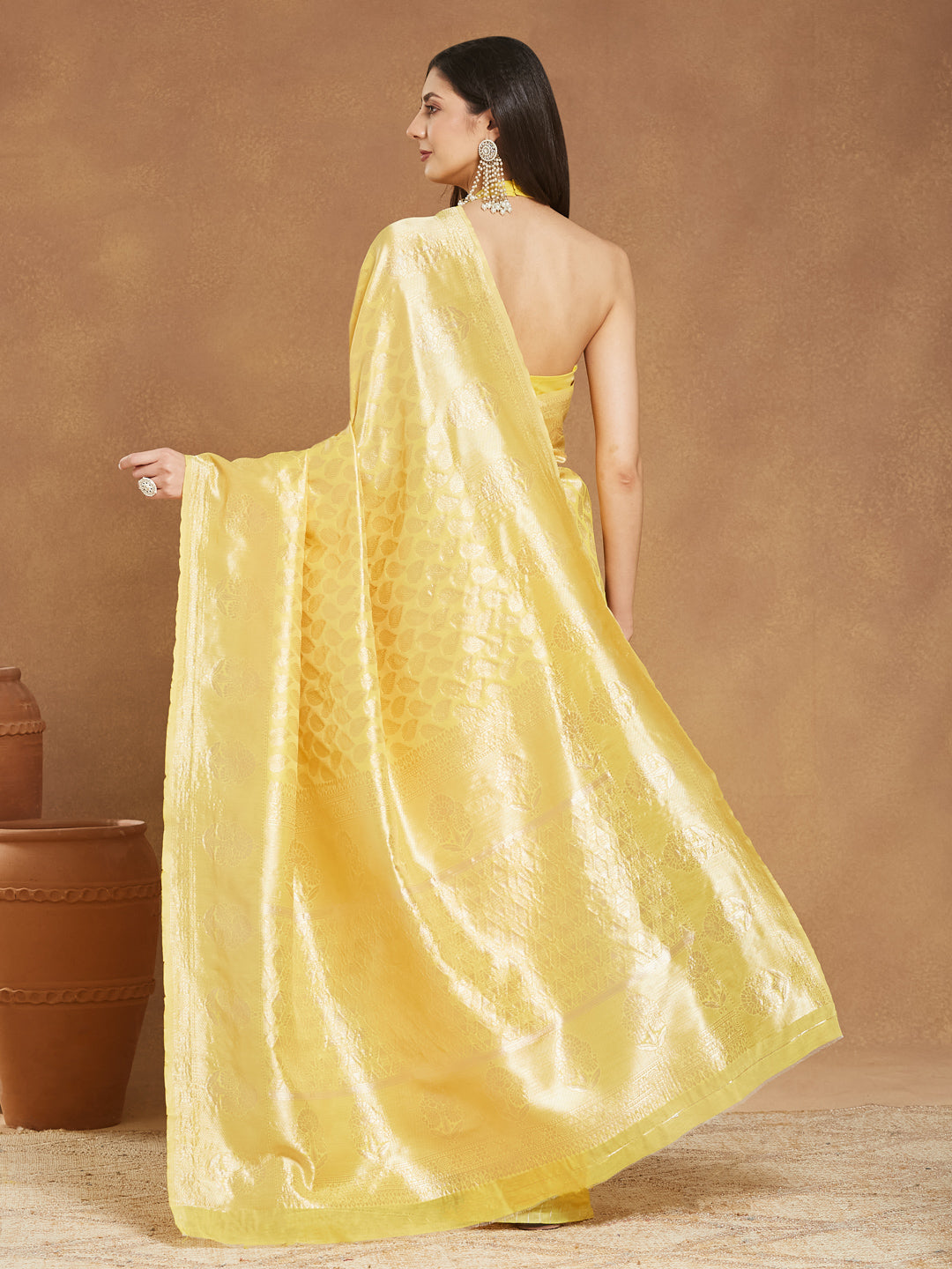 Women's Yellow Silk Blend Leaf Motifs Woven Design Jacquard Saree with Blouse Piece