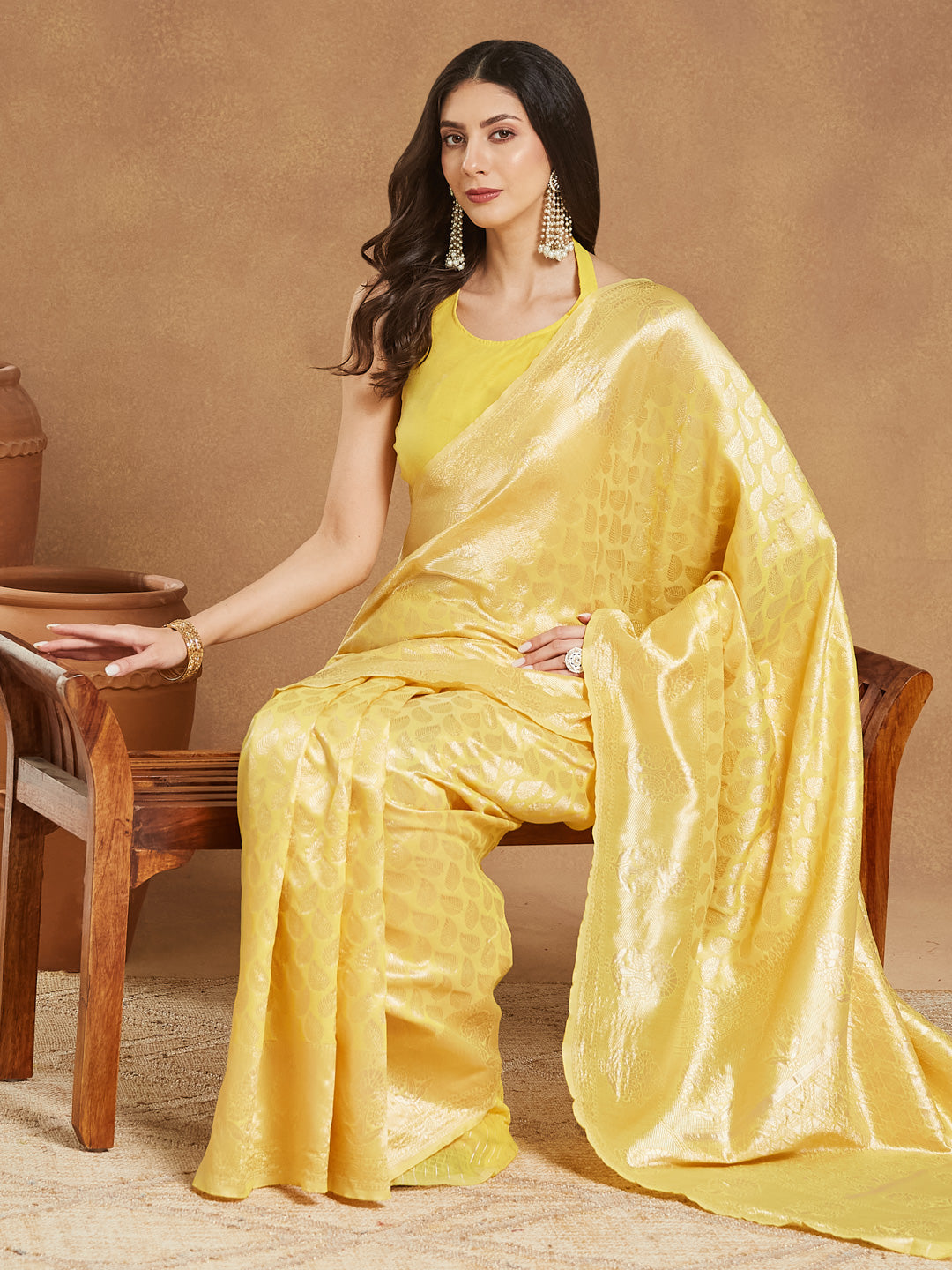 Women's Yellow Silk Blend Leaf Motifs Woven Design Jacquard Saree with Blouse Piece