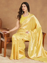 Women's Yellow Silk Blend Leaf Motifs Woven Design Jacquard Saree with Blouse Piece