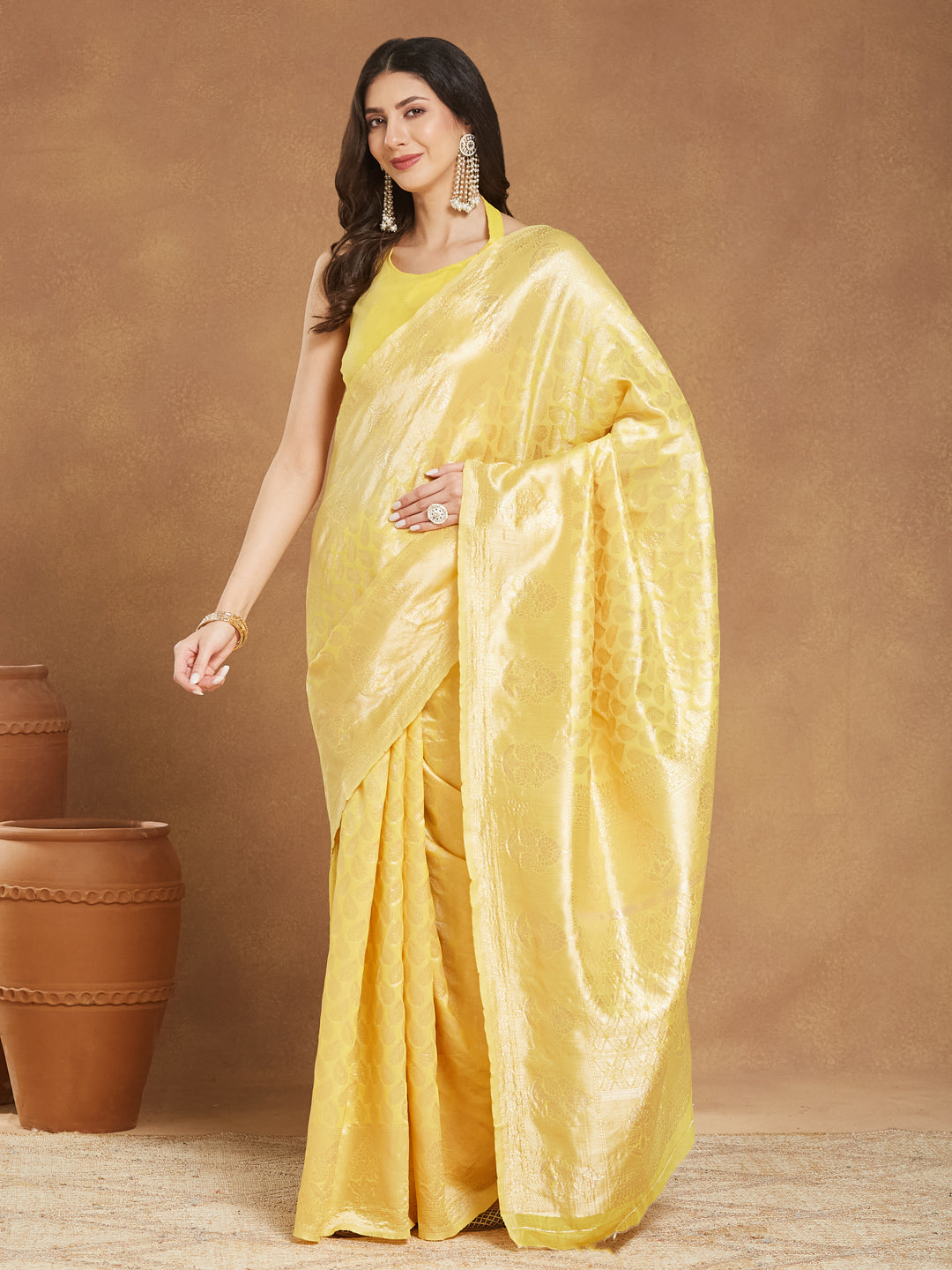 Women's Yellow Silk Blend Leaf Motifs Woven Design Jacquard Saree with Blouse Piece