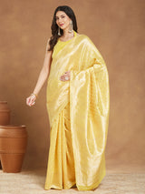 Women's Yellow Silk Blend Leaf Motifs Woven Design Jacquard Saree with Blouse Piece