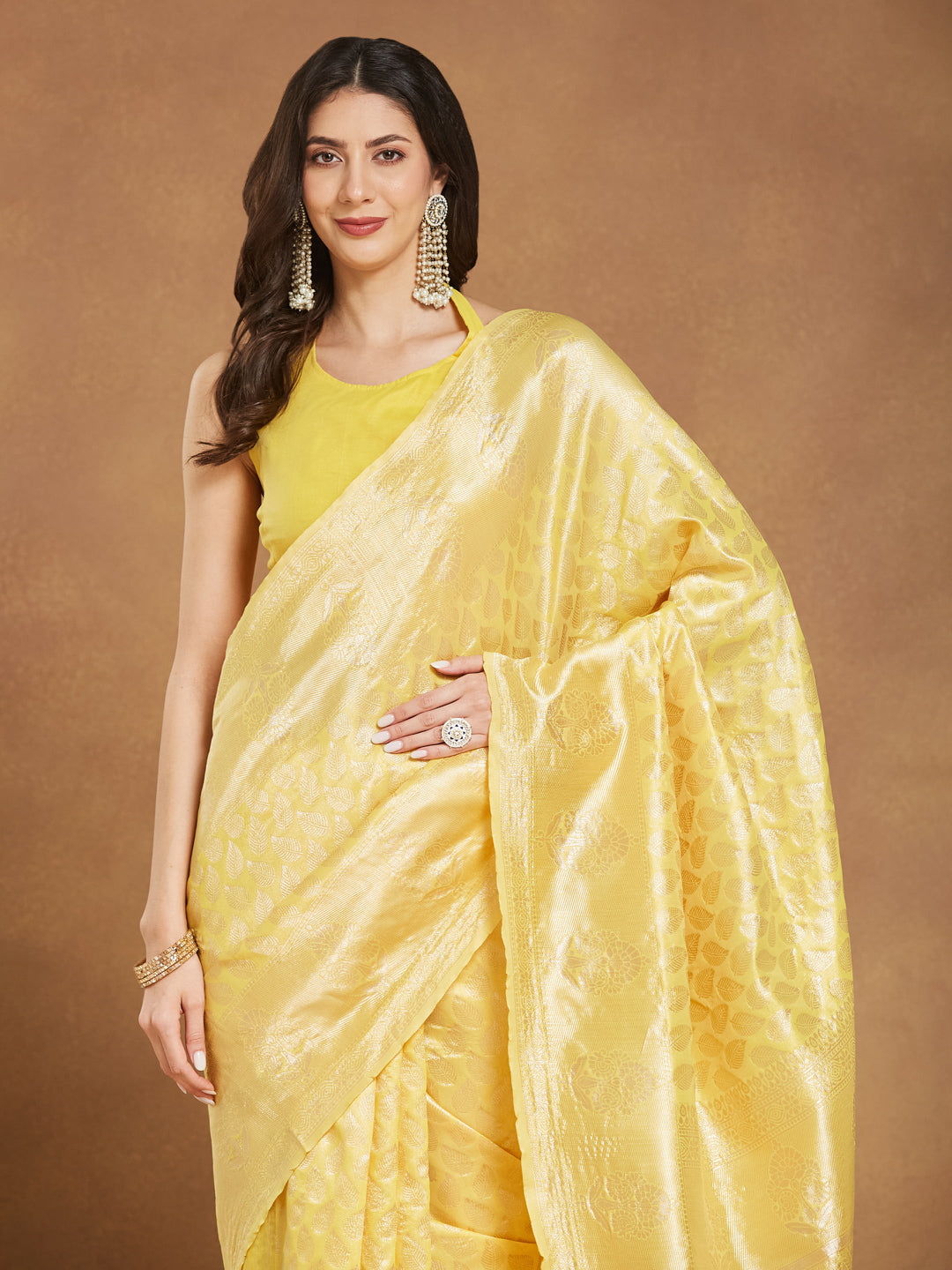 Women's Yellow Silk Blend Leaf Motifs Woven Design Jacquard Saree with Blouse Piece