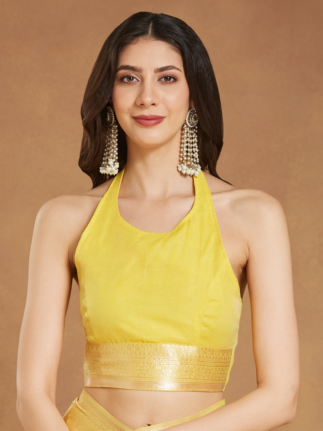 Women's Yellow Silk Blend Leaf Motifs Woven Design Jacquard Saree with Blouse Piece