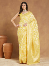 Women's Yellow Silk Blend Geometric Woven Design Jacquard Saree with Blouse Piece