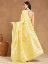 Women's Yellow Silk Blend Geometric Woven Design Jacquard Saree with Blouse Piece