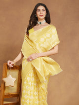 Women's Yellow Silk Blend Geometric Woven Design Jacquard Saree with Blouse Piece