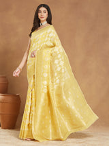 Women's Yellow Silk Blend Geometric Woven Design Jacquard Saree with Blouse Piece