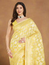 Women's Yellow Silk Blend Geometric Woven Design Jacquard Saree with Blouse Piece