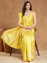 Women's Yellow Silk Blend Floral Woven Design Jacquard Saree with Blouse Piece
