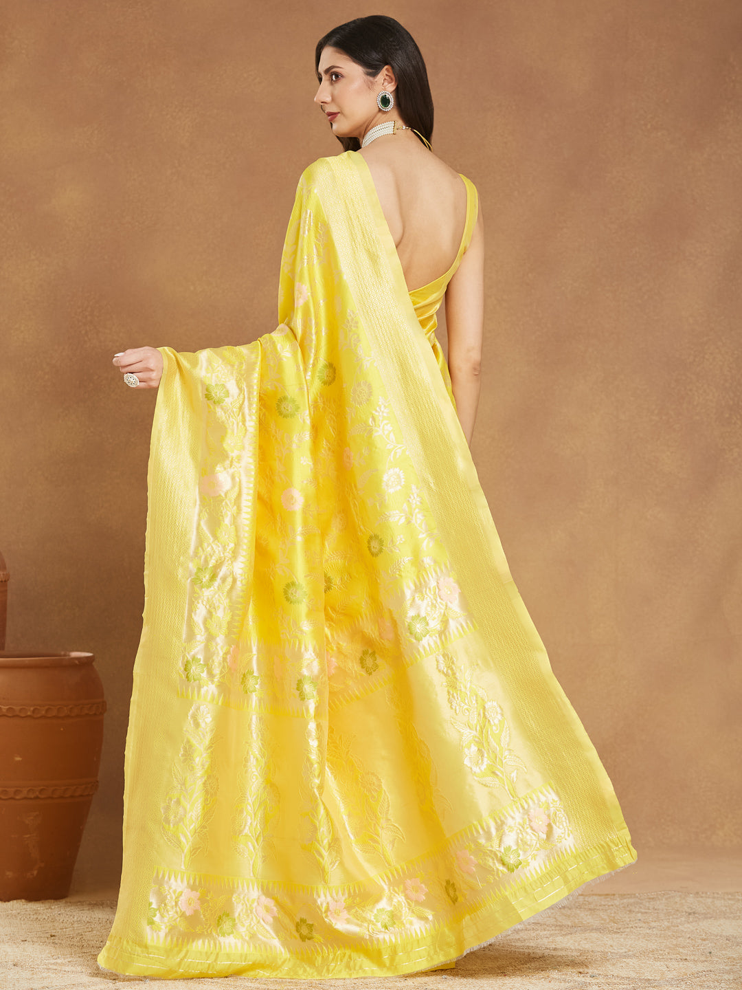 Women's Yellow Silk Blend Floral Woven Design Jacquard Saree with Blouse Piece
