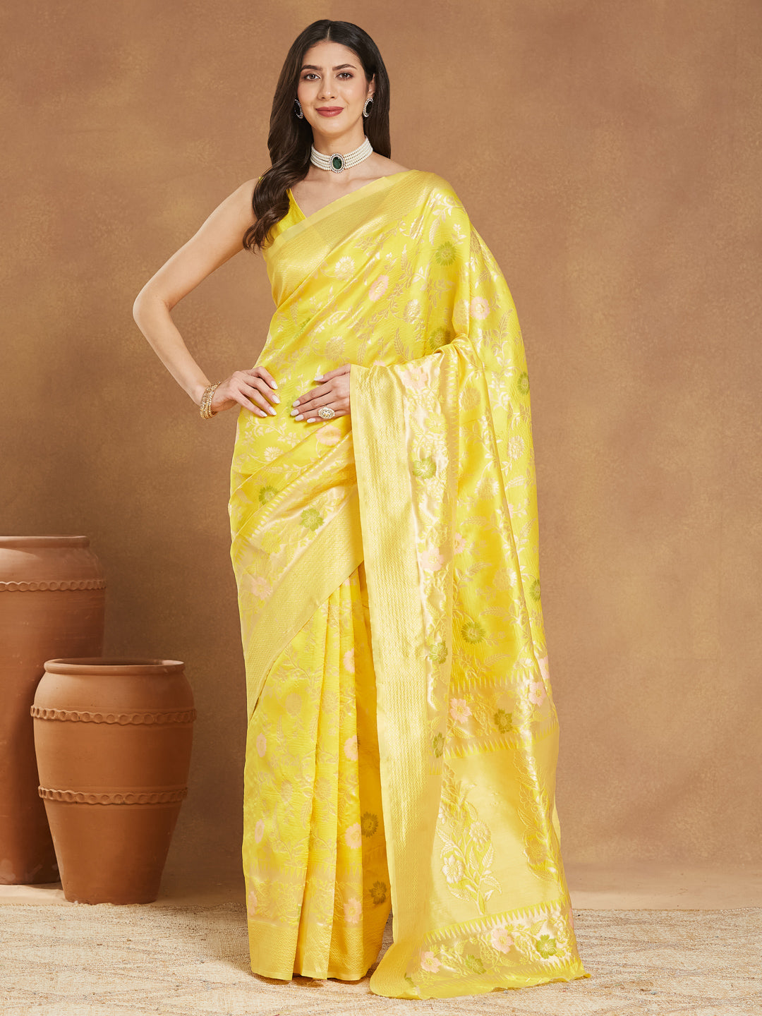 Women's Yellow Silk Blend Floral Woven Design Jacquard Saree with Blouse Piece