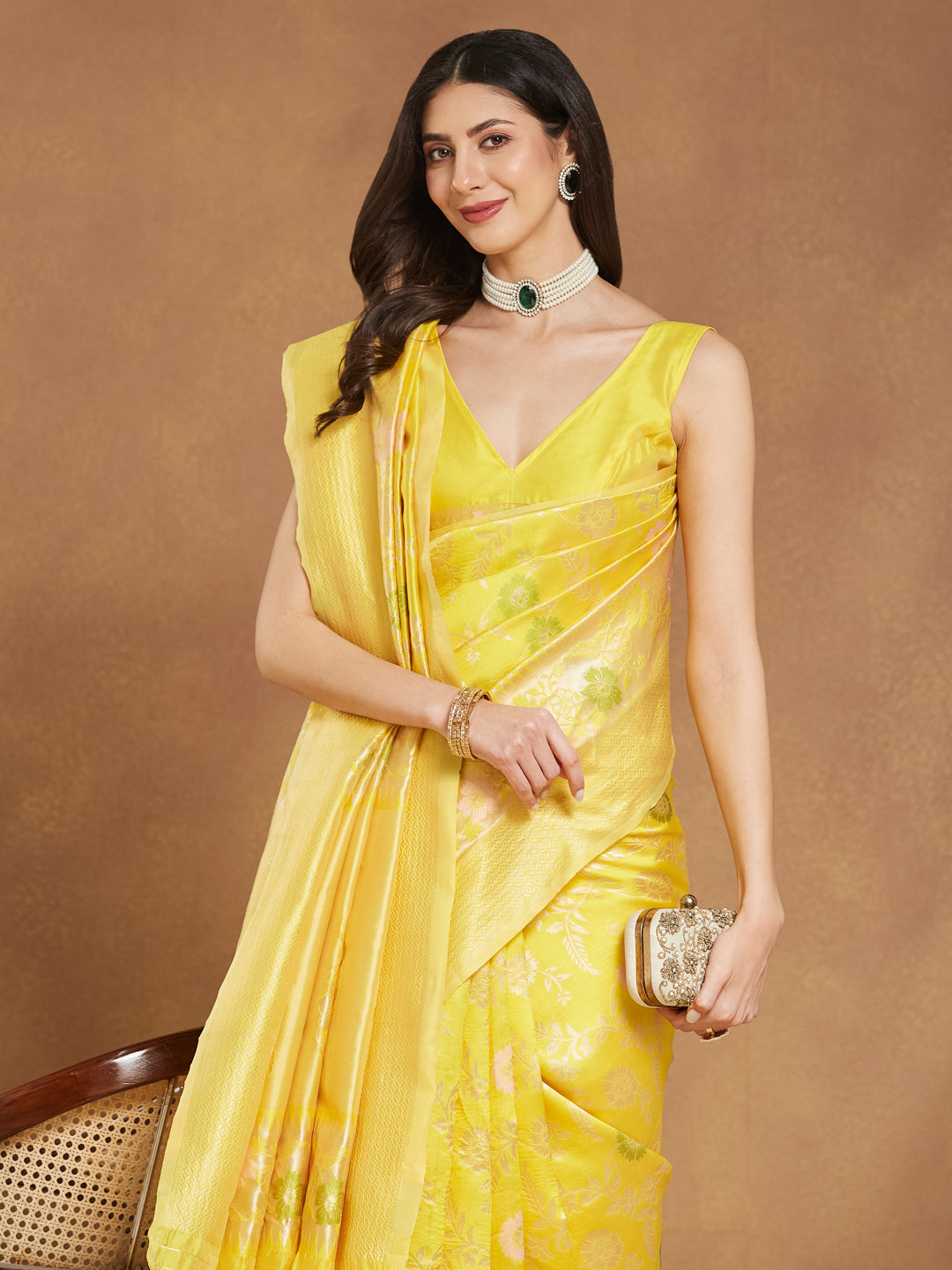 Women's Yellow Silk Blend Floral Woven Design Jacquard Saree with Blouse Piece