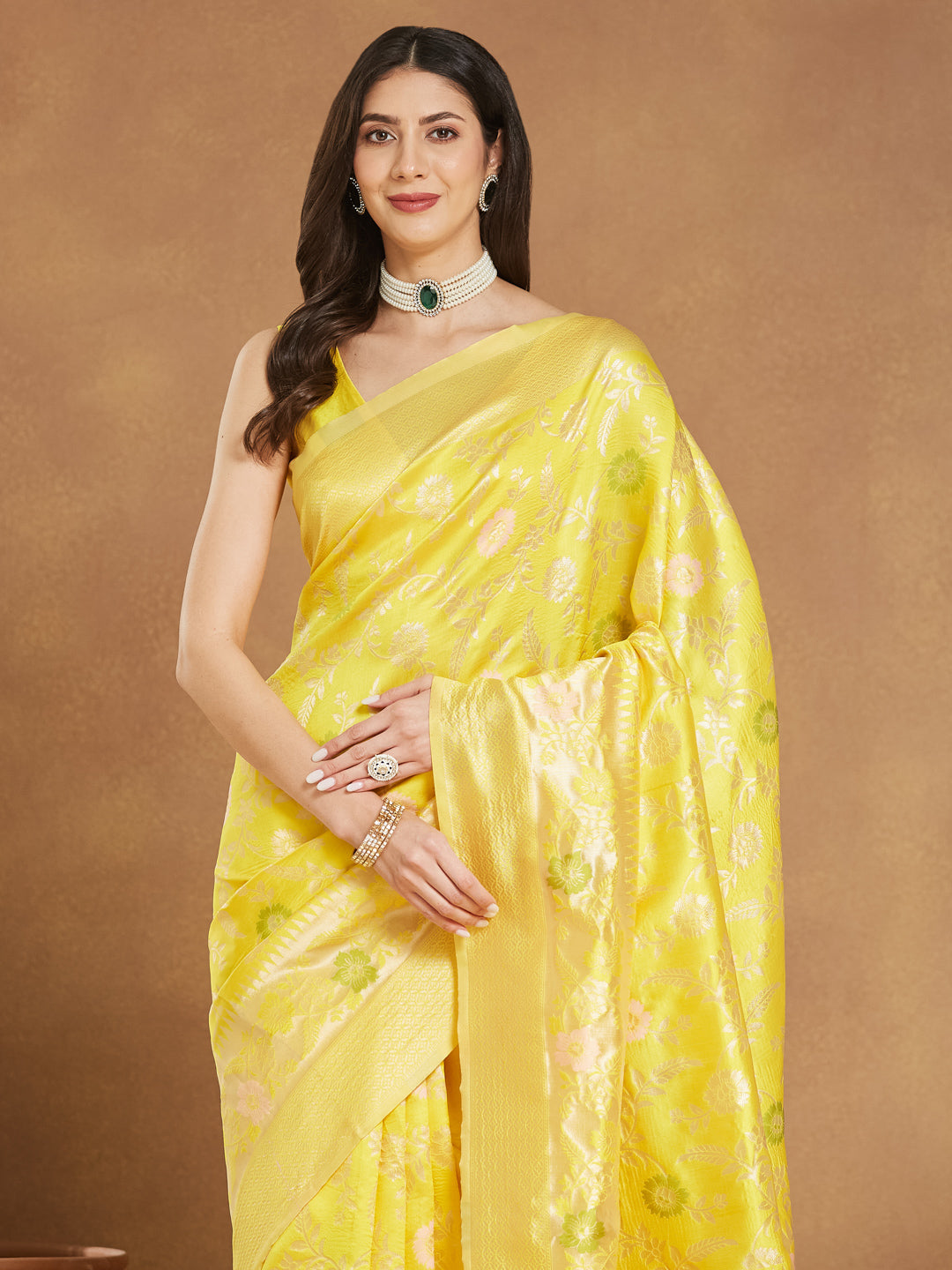 Women's Yellow Silk Blend Floral Woven Design Jacquard Saree with Blouse Piece