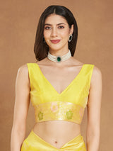 Women's Yellow Silk Blend Floral Woven Design Jacquard Saree with Blouse Piece