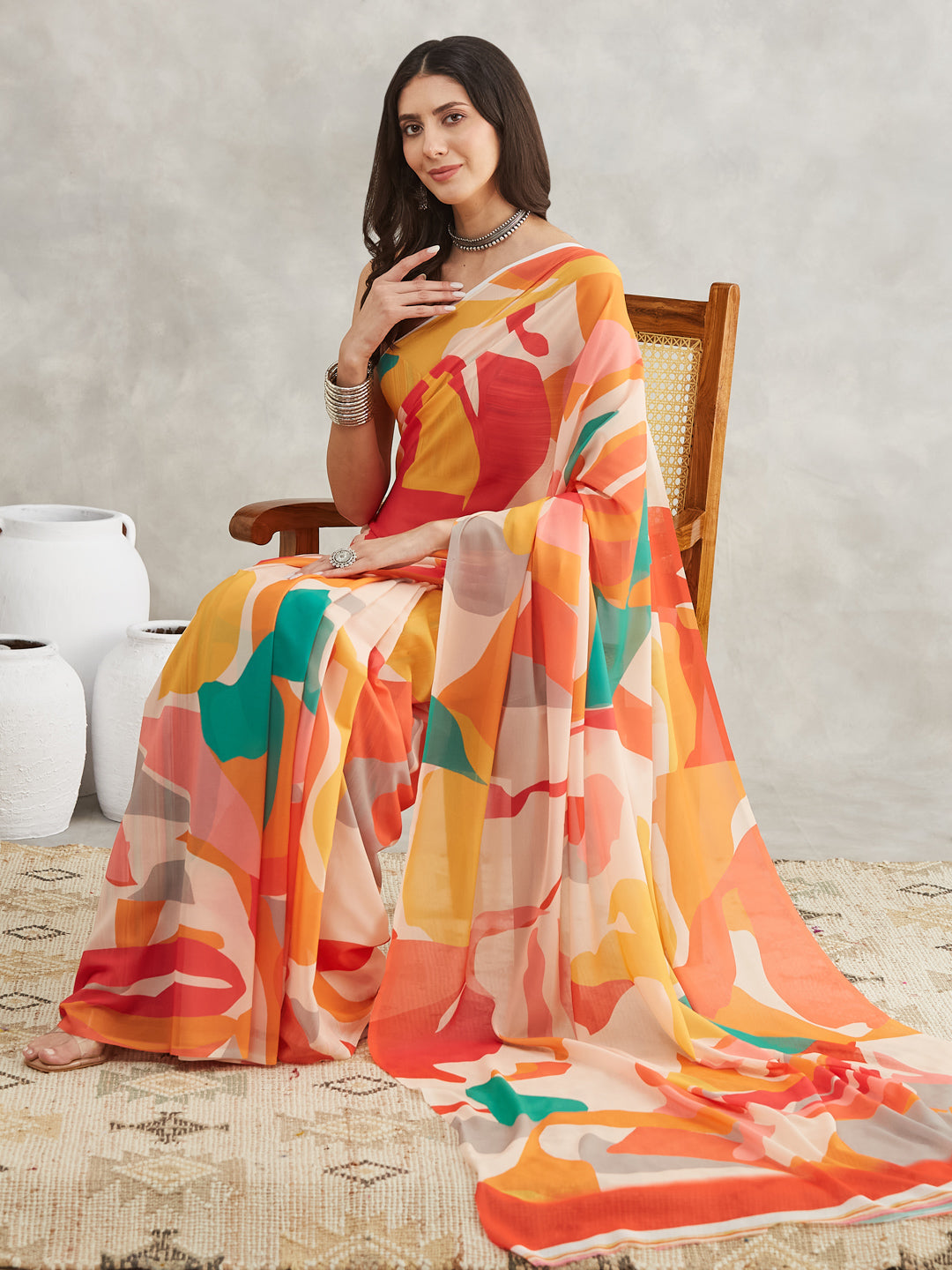 Women's Multicolor Georgette Abstract Printed Printed Saree with Blouse Piece