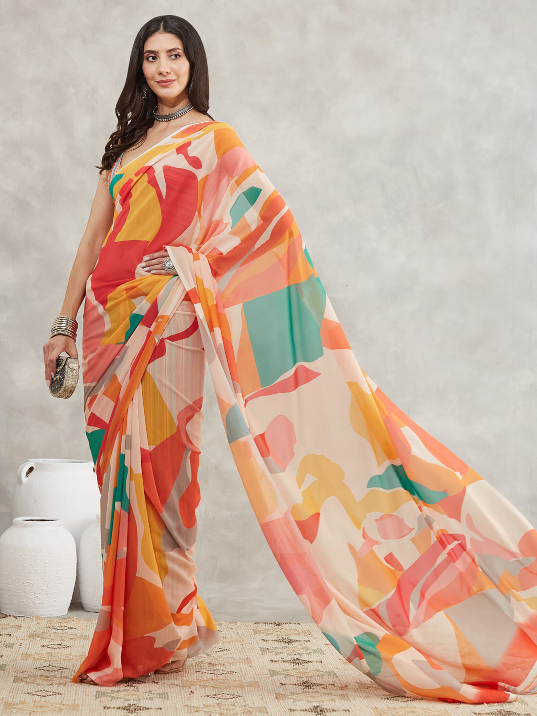 Women's Multicolor Georgette Abstract Printed Printed Saree with Blouse Piece