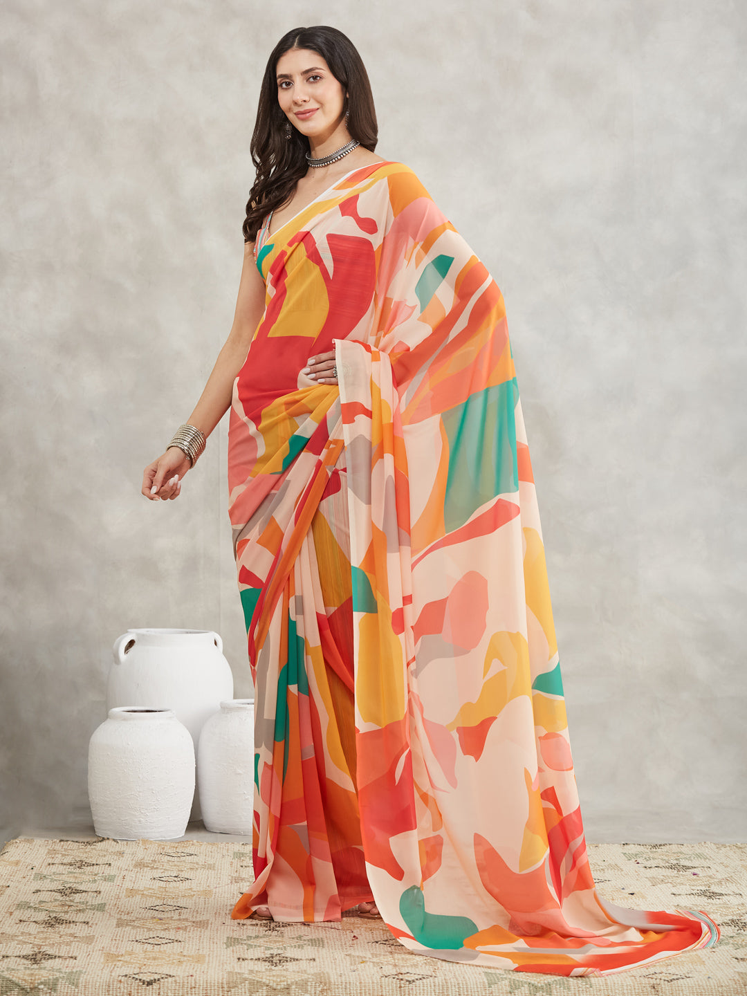 Women's Multicolor Georgette Abstract Printed Printed Saree with Blouse Piece