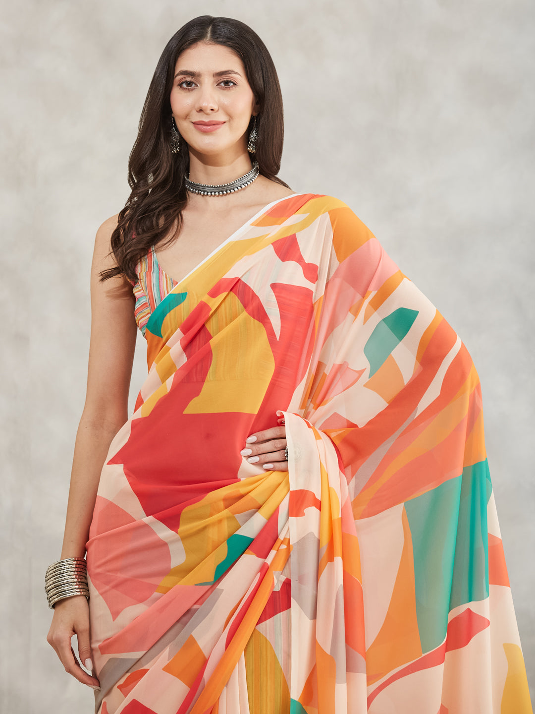 Women's Multicolor Georgette Abstract Printed Printed Saree with Blouse Piece