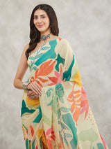 Women's Multicolor Georgette Tropical  Printed Printed Saree with Blouse Piece