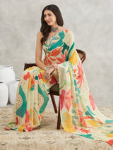 Women's Multicolor Georgette Tropical  Printed Printed Saree with Blouse Piece