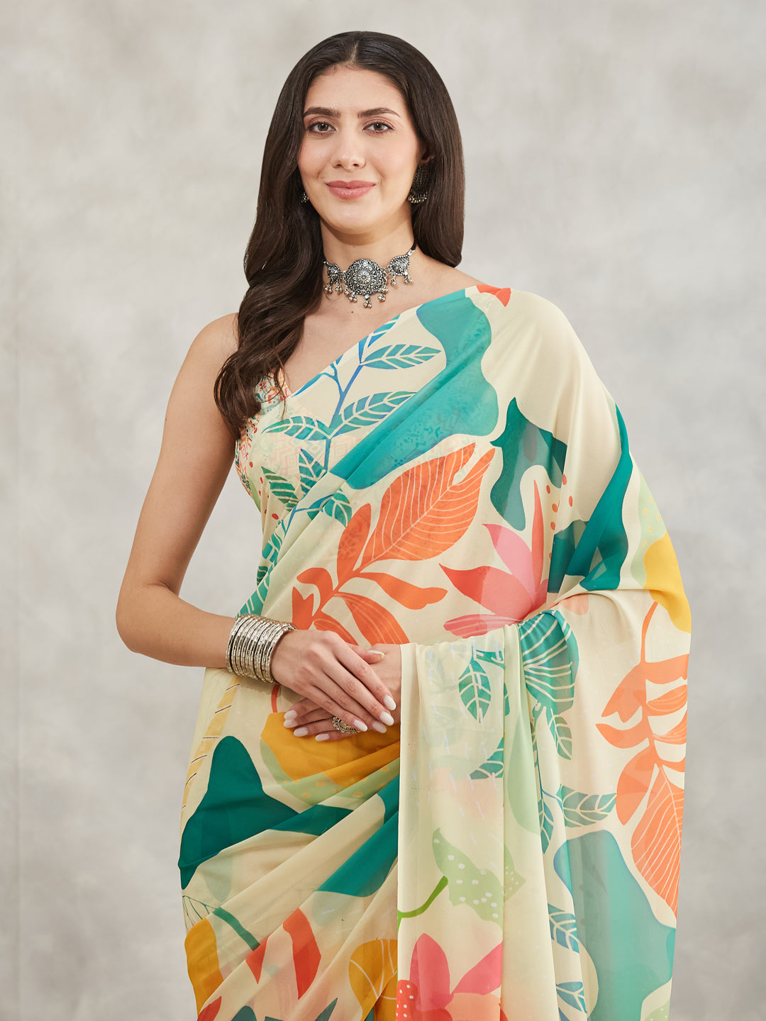 Women's Multicolor Georgette Tropical  Printed Printed Saree with Blouse Piece
