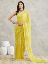 Women's Lime Yellow Georgette Floral Printed Printed Saree with Blouse Piece