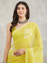 Women's Lime Yellow Georgette Floral Printed Printed Saree with Blouse Piece