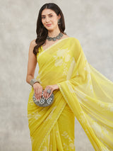Women's Lime Yellow Georgette Floral Printed Printed Saree with Blouse Piece