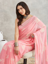 Women's Light Pink Georgette Floral Printed Printed Saree with Blouse Piece