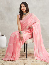 Women's Light Pink Georgette Floral Printed Printed Saree with Blouse Piece