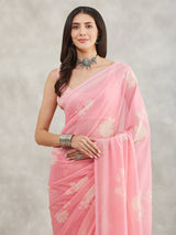 Women's Light Pink Georgette Floral Printed Printed Saree with Blouse Piece