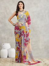 Women's Grey Georgette Abstract Printed Printed Saree with Blouse Piece