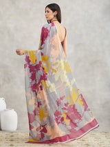 Women's Grey Georgette Abstract Printed Printed Saree with Blouse Piece